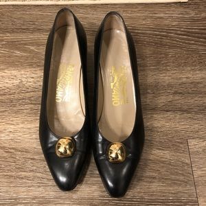 Ferragamo Gold Ball Classic Block Heels in Black